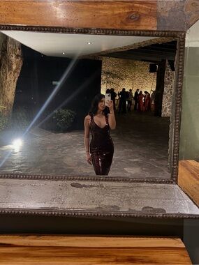 Sequined V-Neck Evening Dress in Deep Burgundy